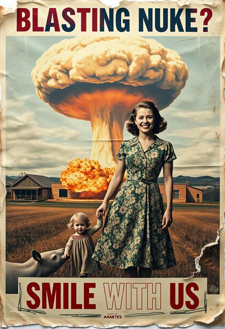 “A decayed, vintage-style poster from 1957, weathered and torn, depicting a surreal American country scene. The faded image shows a woman in a floral-patterned 1950s dress holding her young daughter’s hand, her wide, mad smile radiating an eerie charm. In the far background, a massive nuclear mushroom cloud dominates the sky, with fiery orange fireballs at its base and visible blast waves rippling through the landscape. The poster’s bold text, ‘BLASTING NUKE?’ across the upper section and ‘SMILE WITH US’ in the lower section, is faded, smeared, and inked with scribbles and stains. The paper appears rotten, with tears, creases, and discolored edges, evoking a haunting sense of abandonment and decay, adding to the unsettling atmosphere of the piece.”