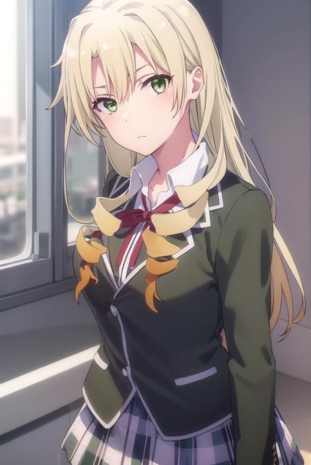 yumikomiura, <lora:yumiko miura s2s3-lora-nochekaiser:1>, 
yumiko miura, long hair, blonde hair, (green eyes:1.3), drill hair,
BREAK skirt, ribbon, school uniform, jacket, black jacket, plaid, plaid skirt, blazer, sobu high school uniform,
BREAK indoors, classroom,
BREAK looking at viewer, (cowboy shot:1.5),
BREAK <lyco:GoodHands-beta2:1>, (masterpiece:1.2), best quality, high resolution, unity 8k wallpaper, (illustration:0.8), (beautiful detailed eyes:1.6), extremely detailed face, perfect lighting, extremely detailed CG, (perfect hands, perfect anatomy),