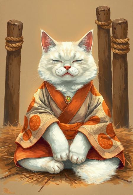A white cat, resembling a aloha shirt, is seated in a meditative pose, reminiscent of a Zen master. The cat is wearing a traditional Japanese-style kimono, featuring orange and maroon patterns. The kimono's details include an orange obi (sash) and a decorative jewel-like stone on it. The cat's fur is fluffy and long, with a soft, delicate appearance. Its eyes are closed, giving a peaceful and serene expression. The cat's body is positioned in a relaxed, seated posture, with paws resting on its lap. It is centered in the image and facing the viewer directly. The background is a muted, earthy tone, with a depiction of hay or straw, creating a tranquil atmosphere. Wooden posts with rope are visible in the background, contributing to a rustic, serene setting. The lighting is soft and warm, highlighting the cat's features and the kimono's patterns. The overall style is artistic, with detailed brushstrokes and soft color blending. The image exudes a sense of calm and tranquility. fir needle style,