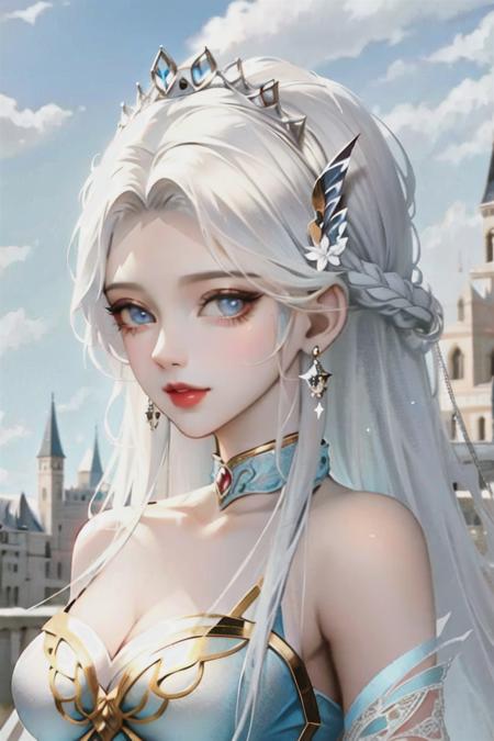 1girl, animal, bare shoulders, blue eyes, building, castle, dress, earrings, fashi-girl, jewelry, long hair, looking at viewer, outdoors, closed mouth, white hair, princess, sky, solo, tiara, tiger, white dress, white tiger,mature female,alluring,regal,imperious,imperial,large breasts,cleavage,portrait, <lora:anime:0.800000>