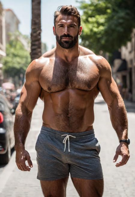 cinematic still  of a (beefy super-physique shirtless), very hairy pecs, hairy abs, hairy forearms, handsome face,  wearing short pants, in a street, in a sunny day, extremely detailed, (RAW image, 8k high resolution:1.2), RAW candid cinema, 16mm, color graded Portra 400 film, ultra realistic, cinematic film still, (volumetric lighting)