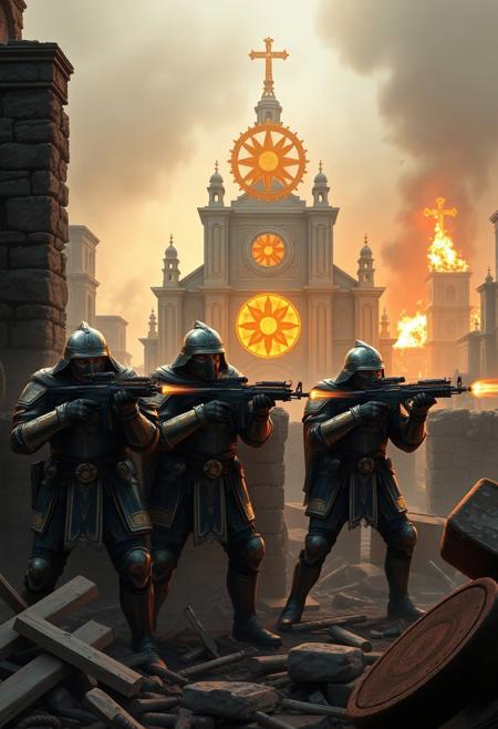 In the midst of a war-torn city, a squad of armored warriors stands firm, defending the Church of the Blazing Sun. Their armor, a blend of medieval craftsmanship and modern combat gear, shines with golden sun motifs, reflecting the divine light from the radiant church behind them. The warriors, armed with powerful rifles and machine guns, brace for the next wave of attackers.
Crouched behind crumbling walls and debris, they keep their guns trained on the advancing enemy forces. Some take position at the church’s shattered columns, machine guns resting on makeshift barricades. Their weapons, marked with the sun's insignia, emit bursts of gunfire as they fire with precision, keeping the enemy at bay.
The church looms large in the background, its blazing sun symbol glowing fiercely amidst the smoke and destruction. Flames flicker in the distance, casting long shadows over the warriors as they stand united, their devotion unwavering. With disciplined movements and sharp coordination, they prepare to defend the sacred ground from being overtaken.
As the battle rages, the warriors' rifles echo through the broken streets, a symbol of their enduring resolve to protect the Church of the Blazing Sun against the chaos surrounding them.