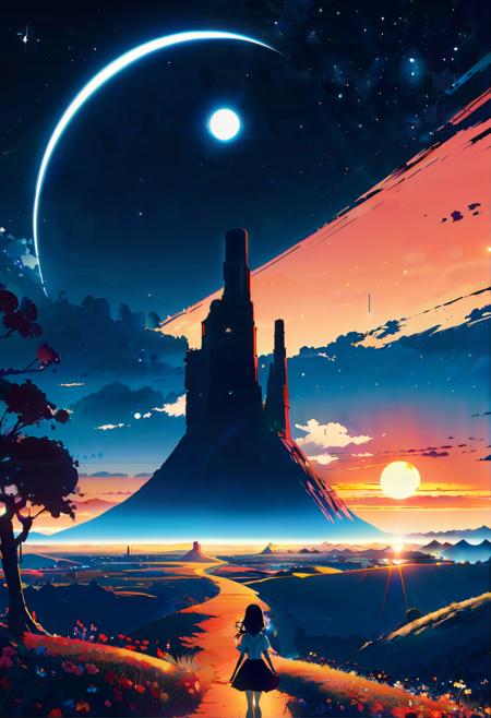 anime key visual, landscape of a masterpiece,1girl, and Monument Valley, fairy tale, Moon in the night, Joyful, Corporate Punk, Lens Flare, F/8, Primary Colors