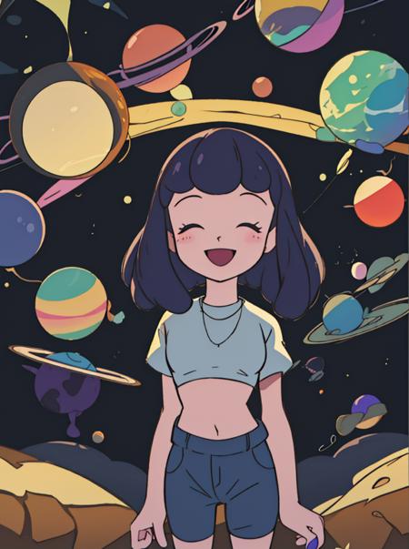 <lora:KaibastyleV1:1>kaibacharacter, kaibastyle, kaibabg,  planets, bubbles, kaibachroniko, smiling, closed eyes, (masterpiece:1.5, best quality), 8k wallpaper, highres, high resolution,HDR.UHD,Highly detailed, extreme detail