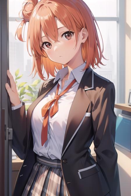 yuiyuigahama, <lora:yuiyuigahama:1>, yuigahama yui, short hair, (brown eyes:1.5), (orange hair:1.2), hair bun, single hair bun, 
BREAK skirt, shirt, ribbon, school uniform, jacket, white shirt, black jacket, blazer, sobu high school uniform, 
BREAK indoors, school, 
BREAK looking at viewer, 
BREAK <lyco:GoodHands-beta2:1>, (masterpiece:1.2), best quality, high resolution, unity 8k wallpaper, (illustration:0.8), (beautiful detailed eyes:1.6), extremely detailed face, perfect lighting, extremely detailed CG, (perfect hands, perfect anatomy),