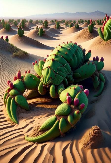 Scorpion, giant scorpion, ruins, no humans,green skin, desert, sand,emerging from the sand, Prickly Pear Style,sfw