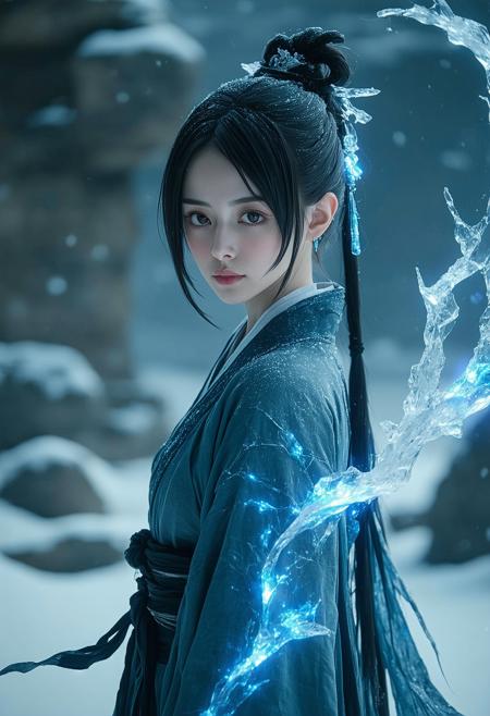 Rukia exudes icy resolve, her posture taut with Soul Reaper discipline, yet softened by fleeting vulnerability in her twilight-gray eyes. Her cropped black hair frames a face pale as moonlight, adorned with a single frost-tipped strand. Her shihakushō is reimagined: obsidian fabric cascades like liquid night, embroidered with fractured ice patterns that pulse faintly azure. Sode no Shirayuki’s blade glows with subzero luminance, its tassel a swirl of frozen silk. Her aura balances lethal precision and melancholic grace—a warrior-poet etched in frost and shadow.