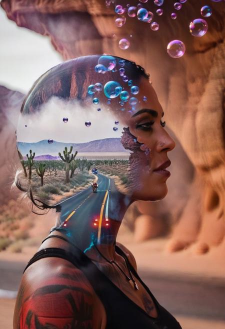 "Sonya Sanchez" from "Road 96" during the rave party in the desert . 
Black hires sci-fi art double exposure wallpaper 
(high quality:1.4), (best quality:1.4), (masterpiece:1.4), official art, official wallpaper, surreal, beautiful , (magic in the air:1.1), (stardust:1.1), (whimsical atmosphere:1.1), (dreamlike world:1.1), (bubbles:1.1), (wisdom:1.1), (powerful energy:1.1), (guardian angels:1.1), (peaceful:1.1),  (detailed:1.05), (extremely detailed:1.06), sharp focus, (intricate:1.03), cinematic lighting, (extremely intricate:1.04), (epic scenery:1.09), vibrant colors, (beautiful scenery:1.08), (detailed scenery:1.08), (intricate scenery:1.07), (wonderful scenery:1.05), double exposure