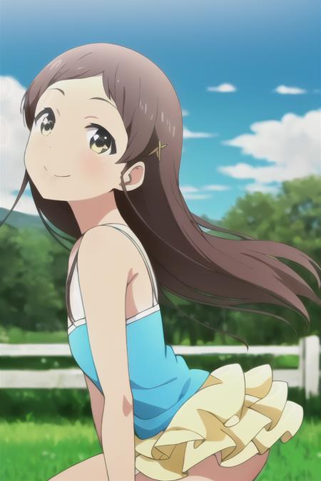 chie, blue and white top, yellow skirt, masterpiece, best quality,1girl,solo, smile, rural town exterior,  portrait,   <lora:chie_girl_AnyV3-000018:1>