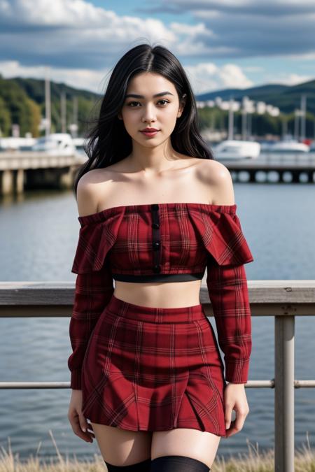 1 woman, 22yo, realistic, masterpiece, high detailed skin, looking at viewer, full body shot, scenic view, long hair, black hair
microskirt, thighhighs, red plaid skirt,  red plaid off shoulder crop top , fishnets<lora: