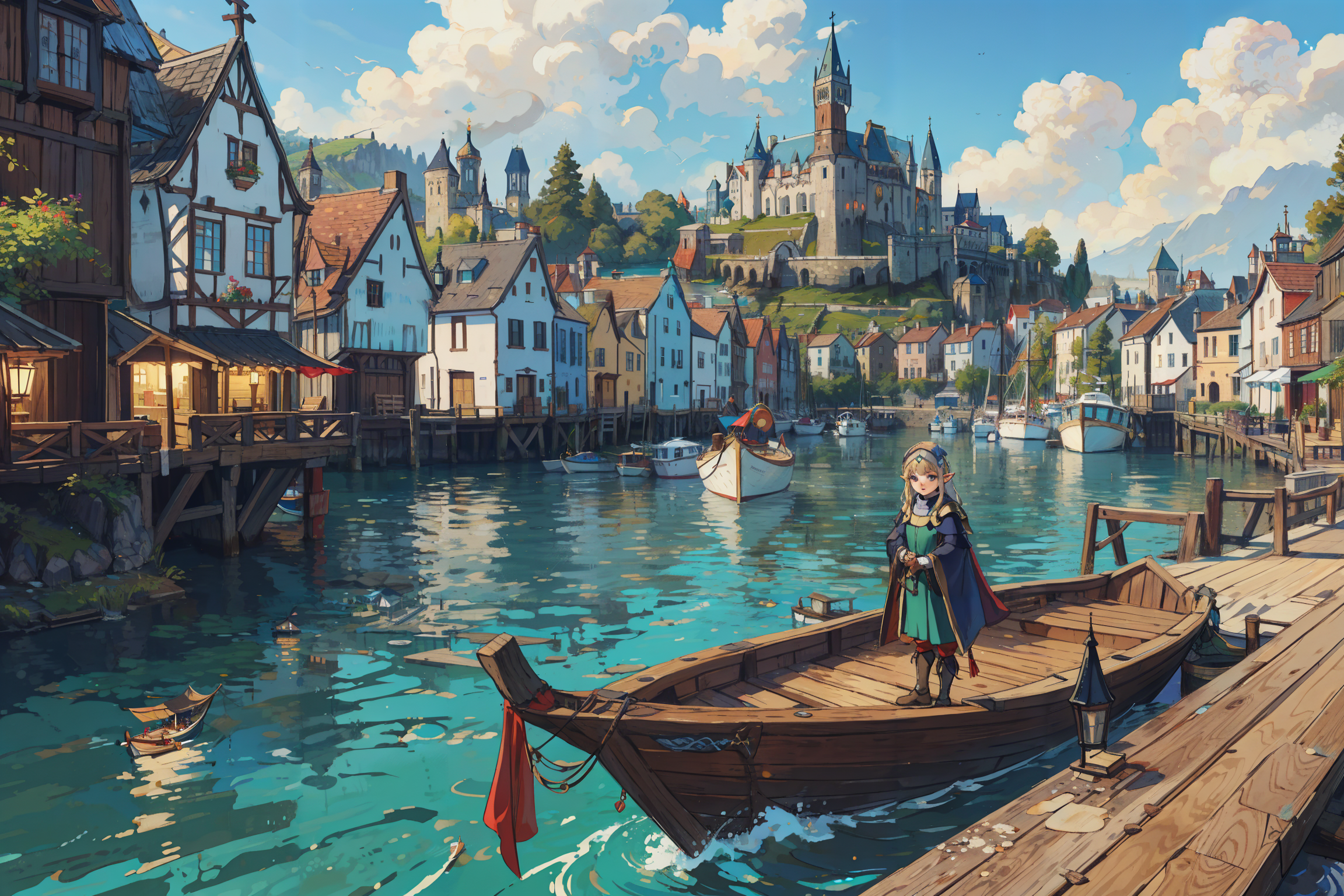 masterpiece, best quality, elf girl at the pier, (high fantasy, medieval:1.4), feudal society, lake town, waterfront, wood...