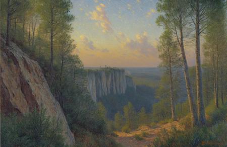 (impressionism:1.05), Cliff/Bluff, pine forest, (bob layzell:0.9), scene painting,a painting,scenery,