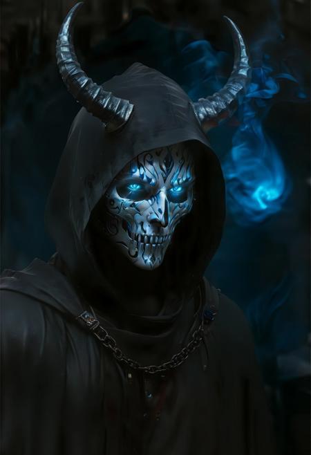 dark, extremely detailed, hooded occult figure wearing flame armor, flame blue eyes, mysterious cloaked villain, vaporous swirls of deep black, amazing quality, masterpiece, best quality, hyper detailed, ultra detailed, UHD, perfect anatomy, portrait, DOF, majestic, awesome, inspiring, cinematic, global illumination, dramatic, atmospheric haze, cinematic composition, deep shadows, death scythe, (demon horns), dark aura,cyberpunk 2077 style