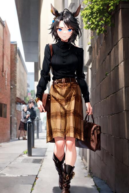 masterpiece, best quality,
fuji kiseki \(umamusume\),
full body, buildings, street,
casual, ear piercing, ear ornament, long sleeves, turtleneck sweater, black sweater, ribbed sweater, wristwatch, belt, shoulder bag, plaid skirt, brown skirt, black footwear, boots, <lora:fuji_kiseki_loha:0.7>