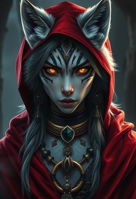 Create an image of a mystical female girl with wolf ears intricate tribal markings, adorned in elaborate jewelry and accessories, set in a dark, atmospheric environment. The character should have a mysterious and powerful aura, with detailed white fur texture with black stripes and glowing split eyes and human face. wearing a (((single thick, gold ring collar around her neck, smooth and shiny, resting just above her collarbone, the collar looks like a ((((((((((single ring)))))))))) with a slightly oval cross section look with a (((((leash-ring attached at front)))))))), red cape, red riding hood