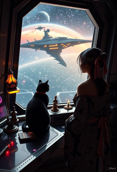 A sleek black cat with red collar sits on a cluttered metal riveted desk with transparent top and micro-LED lighted computer components visible inside, On the desk is an ebony and gold maneki neko statue and a classic ornate art deco lamp, the Black Cat is looking out of a seamless and futuristic floor to ceiling window, (((a beautiful woman, 24 years old, is standing in the foreground facing the viewer))), the scene out the window depicts nebulae and starships, the sleek black cat with red collar is sitting on the desk and looking out the window, the woman is dressed in futuristic cyberpunk Japanese style kimono-style clothing that are sexy and Japanese classic aesthetic. An enormous art deco inspired starship with futuristic lighting and an enormous space station are visible in the background among the stars, The woman's hair is elegantly tied up with a ribbon. Artistic cyberpunk, dynamic perspective, (((overall architectural aesthetic is Art Deco Cyberpunk))).  Epic image that elicits a feeling of wonder and awe, part of the interior is visible,