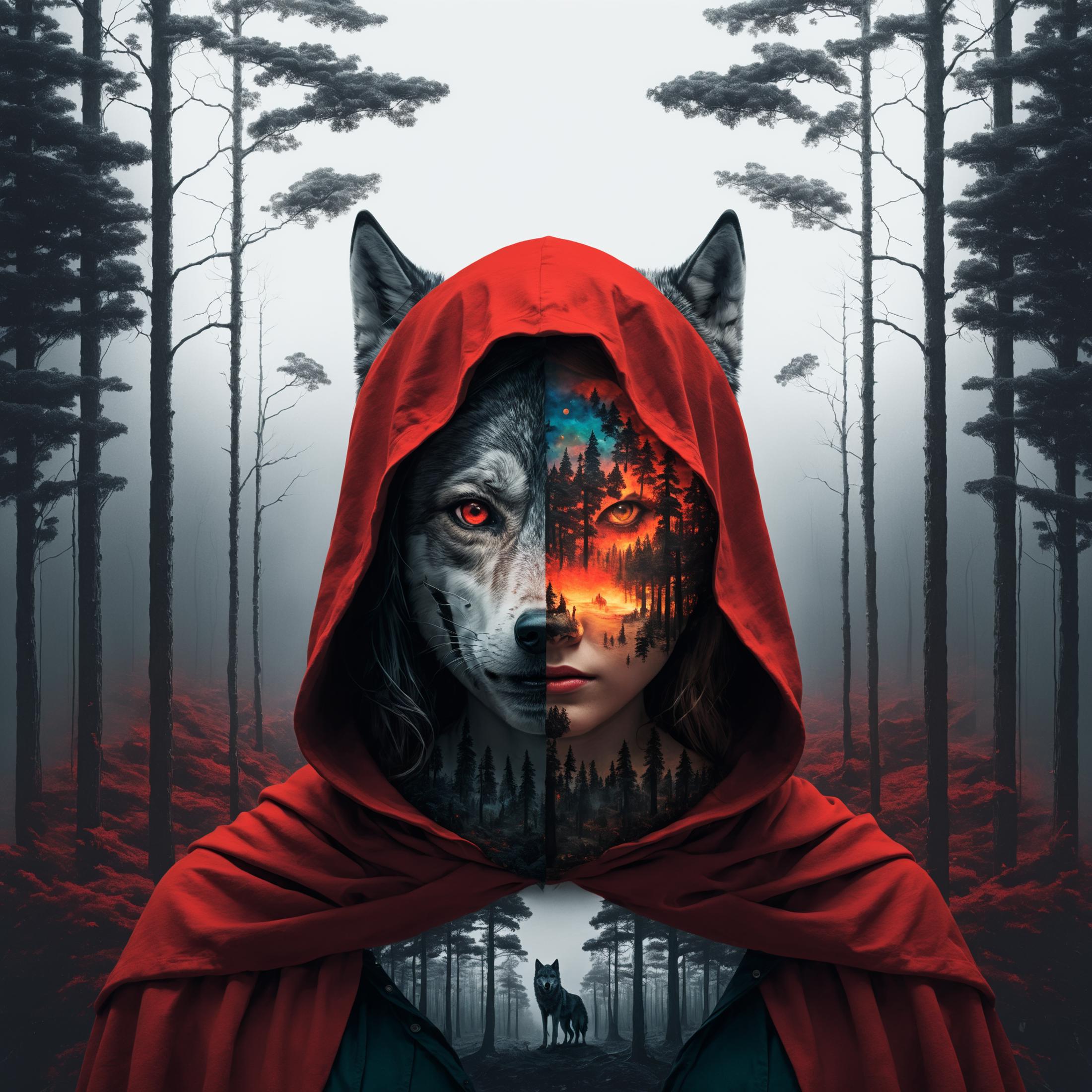 A person wearing a red hooded cloak with a wolf's face painted on it.