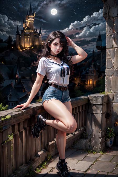 Highly detailed, High Quality, Masterpiece, beautiful, solo, 1girl, nevin, red eyes, white shirt,  <lora:Nevin:0.75>, cloud, moon, Hogwarts, (castle hill:1.4), night sky, stand on street, shooting star, (strong pose:1.4), <lora:Other_MoreDetails:0.5>