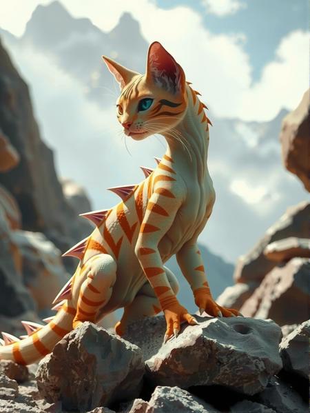 Fantastic creature, cute realistic chimera half-cat half-lizard, The cat's body and head are covered with lizard scales. Realistic professional photo of creature in the rocks. Dreamy enchanting atmosphere of ancient myths and fairy tales. Creature basks in the rays of the sun, pricking up its mustache. Sunbeams play on the skin, glistening on the scales. Wildlife photos
