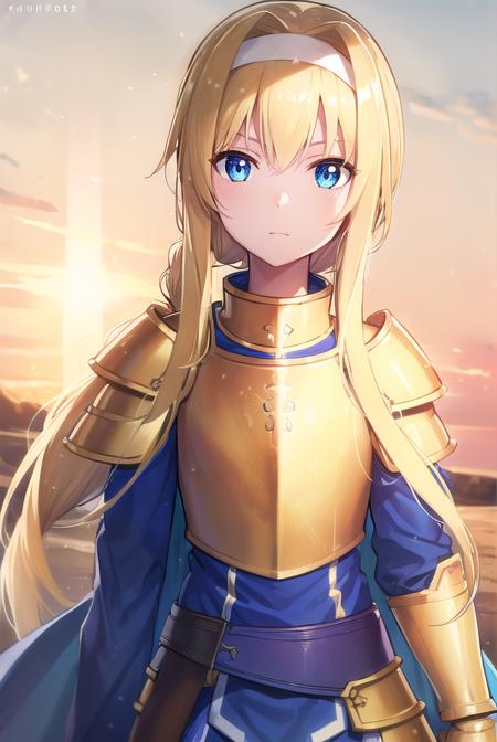 alicezuberg, <lora:alicezuberg-lora-nochekaiser:1>, 
alice zuberg, bangs, blue eyes, blonde hair, hair between eyes, very long hair, braid, hairband, white hairband,
BREAK dress, cape, armor, blue dress, shoulder armor, gauntlets, pauldrons, breastplate, armored dress, faulds, blue cape, knight, (gold armor:1.5), body armor,
BREAK outside, forest, nature, sun, sky,
BREAK looking at viewer, (cowboy shot:1.5),
BREAK <lyco:GoodHands-beta2:1>, (masterpiece:1.2), best quality, high resolution, unity 8k wallpaper, (illustration:0.8), (beautiful detailed eyes:1.6), extremely detailed face, perfect lighting, extremely detailed CG, (perfect hands, perfect anatomy),