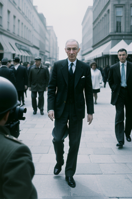 JRobertOppenheimer, (spy agency) photo, (closeup on upper body:1.3), (professional assassin, banker clothing, walking down busy sidewalk, lots of people bustling, European old city, afternoon sweet lighting, high camera angle, long zoom lens medium format camera), in the style of (Mission Impossible, John Le Carre)