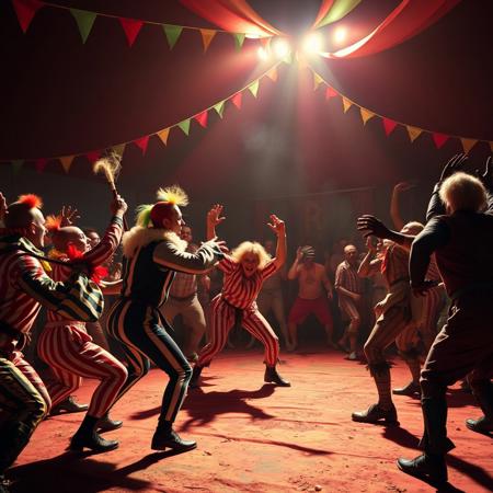 In a circus a group of clowns, acrobats, and a strong man fighting with a crowd of zombies in the night