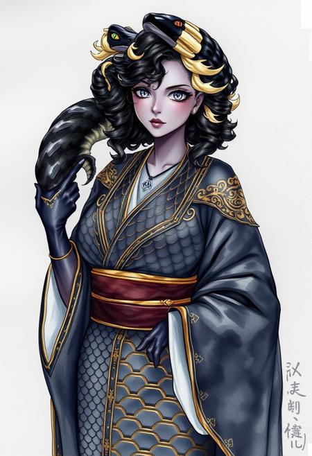 Solo, watercolor style, portrait.
1girl, XendraD: (futanari,black hair with blonde highlights, curly hair, glowing silver eyes, dark gray skin, curvaceous, voluptuous, big hips) wearing intricate black scaled kimono with gold accents black/gold gloves. 
A large onyx snake with eyes made of diamond is coiling around XendraD. She is stroking the snake with one hand. Confident expression.