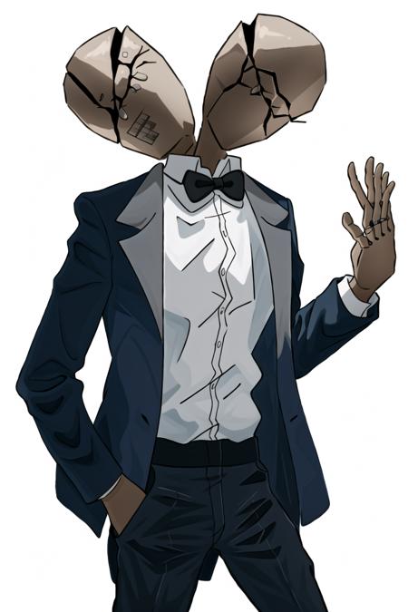 Maestro, solo, simple background, shirt, 1boy, jacket, white shirt, male focus, collared shirt, pants, bowtie, black bow, black pants, suit, black bowtie, bald, <lora:Maestro:1>, double head, hand in pocket