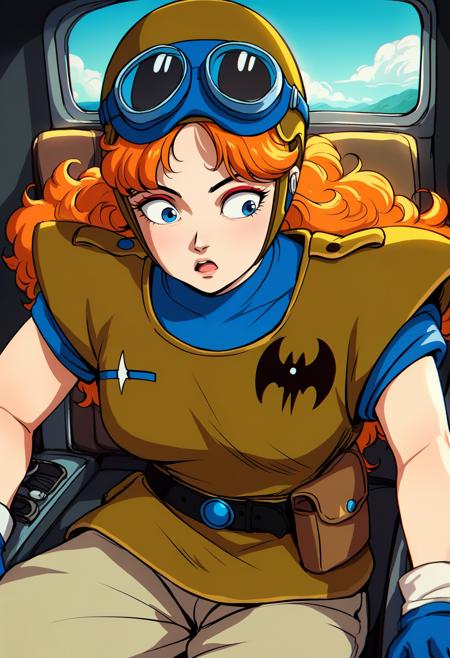 DBExtraGirl02Pa, blue eyes, long hair, orange hair, curly hair, red eyeshadow, large breasts, brown armor, blue undershirt, blue gloves, helmet, goggles on headwear, beige pants, blue boots, black belt, belt pouch,