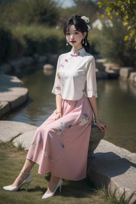 ltra-detailed,highly detailed,best quality,masterpiece,illustration,realistic,
mgftangzhuang, 1girl, solo, 
chinese clothes,shirt,hair ribbon,short sleeves, see-through sleeves,  long skirt, see-through, high heels, bracelet,
pink shirt, print clothes,
hair ornament,  jewelry,  earrings, 
sitting, full body, arms at sides,tying hair, looking at viewer, 
photo background, outdoors,riverbank,river, flower, grass, day,  depth of field, wind,
long hair, ponytail, bangs,
 <lora:mgftangzhuang_v1_03:0.7>