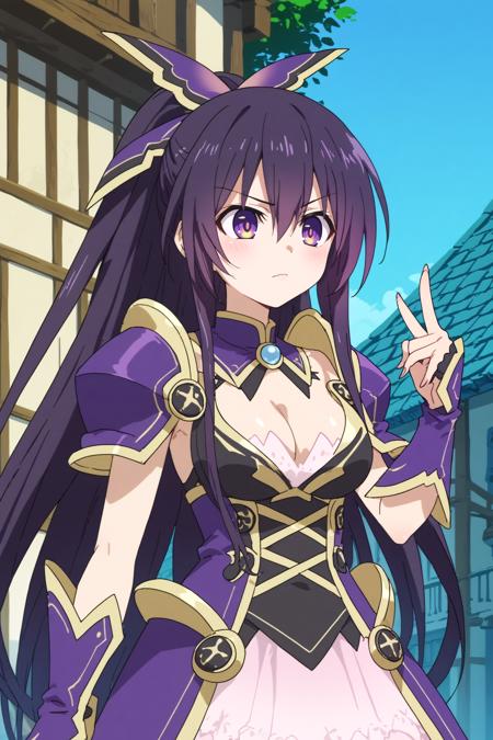 1girl,solo,tohka yatogami,long hair,armor,ponytail,breasts,cleavage,medium breasts,very long hair,hair between eyes,shoulder armor 1girl,solo,tohka yatogami,long hair,school uniform,ponytail,medium breasts,very long hair,hair between eyes,ribbon,skirt,black thighhighs,hair ribbon,smile,hair ornament