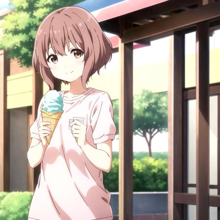 best quality,Nishimiya,1girl,cowboy shot,holding,ice cream,smile,,solo,looking at viewer,short hair,brown hair,brown eyes,pink shirt  short sleeves ,upper body, <lora:ShoukoNishimiya :0.5>