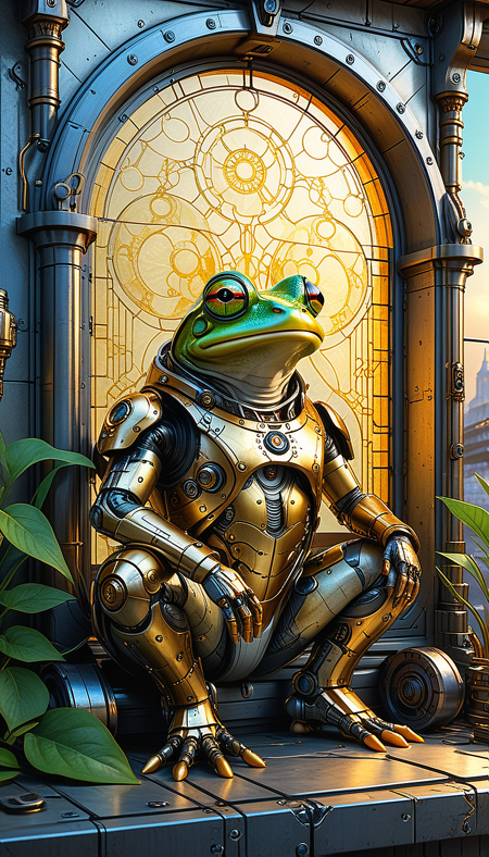 (in ARTIST style:1.4), (masterpiece:1.7), properly positioned, straight,
Frog Futuristic and Vintage stylized magical, ,bright, , Magical beautiful background fantasy, hyper-detailed hypermaximalist dynamic style Scales texture style, realism, detailed, Dramatic lighting Cinematic Epic composition Magical background ArsMJStyle, Zen Ink Wash Sumi-e bo-golden White background reij-cybersteam, steampunk, asian, cyberfuturistic, futuristic steampunk, robotic elegance, mechanical aesthetic, dim lighting, bokeh effect, asian architecture perkysDr4g0n
(masterpiece:1.8), (highest detailed:1.8), (angle:1.8), perfectly lighted, (contrast), (saturated), (((sharp focus))),
(hyperdetailed:1.3), (intricate details:1.2), (Refined details:1.3), (best quality:1.5), highly detailed textures, vibrant colors,
(ultra sharp focus:1.8), (detailed skin:1.8), (detailed windows:1.8), (thin lines:1.8), (best quality:1.8),
<lora:Apparatus_-_Traction_City_Walkers_Vehicles:0.7>,