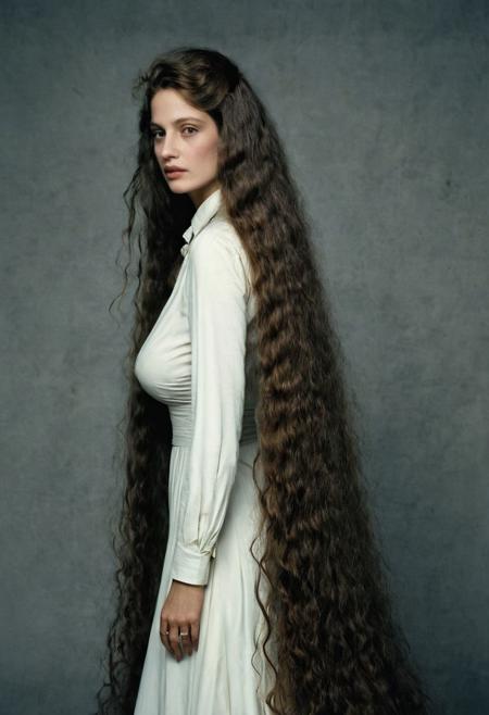 Extremely beautiful woman,very long hair, masterpiece, 1960s style portrait photograph by Annie Leibovitz, Rolleiflex medium format tlr