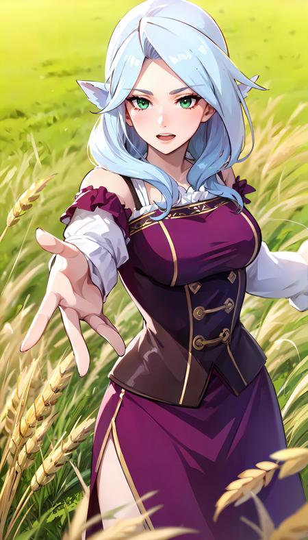 purple dress long white hair animal ears green eyes