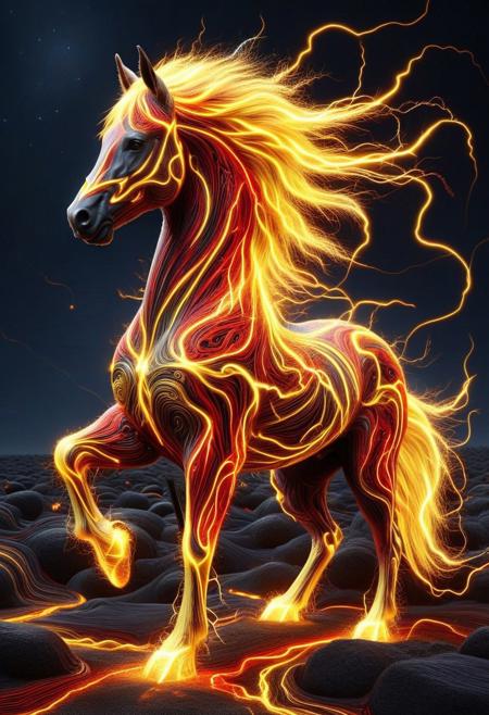 lthndrtrl, photorealistic, Arabian stallion made of golden and red and yellow and orange lightning thunder trails, lava fields