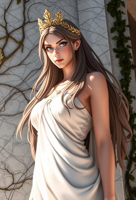 masterpiece,  score_9, score_8_up, score_7_up, score_6_up, 1girl, woman, long flowing hair, ancient rome, wearing stola, streets of rome, marble wall, standing, virtue, golden corona on head, Laurel Leaf, detailed clothing texture, disdainful smirk, large breasts, pendant, vines and moss on wall, light blue eyes, from below, elegance, royalty, petite body, tiny waist, curvy hips, chin lifted,  seductive, alluring, sensual, sexy, professional photograph, sunlight and shadows