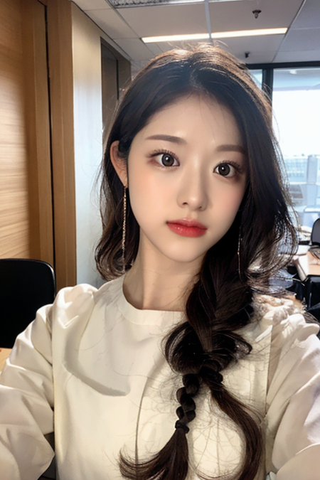 (masterpiece: 1.3), (8k, photorealistic, RAW photo, best quality: 1.4), (1girl), beautiful face, (realistic face), (black hair, medium hair: 1.3), Beautiful hairstyles, realistic eyes, dark eyes, beautiful and detailed eyes, (real skin), beautiful skin, attractive, ultra-high resolution, ultra-realistic, high-definition, golden ratio, high-quality background photos, braids,,1girl,1 office worker,medium hair, <lora:matsumura:0.85> sayuringo