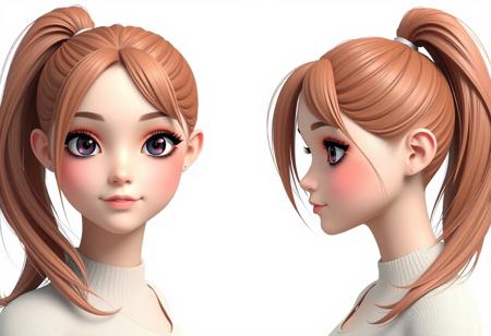 semi-realistic, digital art, split views of completely front view and completely side view,reference images of beautiful 3d girl with high ponytail hair, simply background , portrait, closeup