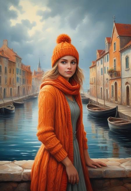 ethereal fantasy concept art of a (Illustrious young girl of 20 years old, retro, tied hair, warm orange and red winter clothes with a knitted pompom hat and a knitted scarf, shiny ornate jewelry, cute, simple, light background, Disney and Pixar style, lively but very realistic, highly detailed illustration, full body:1.2) touching water surface, chaotic resonance, microdisplacement, watercore, bioluminescence, aetheric realm, chiaroscuro, symbolism, intricate details, style of (Leonid Afremov:1.1) and Anna Dittmann, <lora:xl_more_art-full_v1:0.5>, . magnificent, celestial, ethereal, painterly, epic, majestic, magical, fantasy art, cover art, dreamy. Portrait of a girl, very beautiful girl, full body, a painting of a woman Charming pencil sketches by Albert Eckhout, in full color In this fascinating acrylic painting you can see a charming woman. The girl is in a small town by the sea. The dress is very elegant and very well made. This stunning image captures the viewer's attention with its vibrant tones and dreamlike atmosphere. The expertly crafted brush strokes and intricate details show the artist's skill, making the image truly captivating. Through vivid colors and meticulous execution, the painting showcases the artist's ability to create a stunning and visually striking depiction.