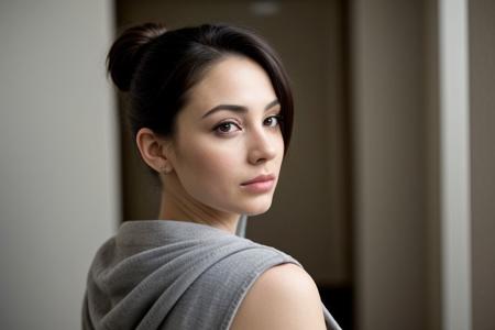 latina woman,  40 years old, pale skin, few wrinkles,  cute face, puppy face, dark hair in a bun with short bangs, short height ,petite ,opened grey short bathrobe, huge boobs hanging out, seductive look, black eyeliner, flirty look, block hallway, no bra, sneaky shot, side view, model looking at the camera seductive, model fits in the shot
