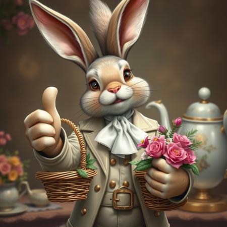 Create a highly detailed, realistic illustration of an anthropomorphic bunny character, inspired by the works of Margaret Brundage. The bunny should be holding a basket of flowers, wearing patent leather, and giving a thumbs up. Incorporate elements of benevolence and whimsy, with a touch of the gaudy and ornate. The character should be depicted in a large, tall format, with a white ascot and a potion belt. Ensure the image is in high definition (4K or 8K) and features micro details, lifelike details, and adherence to the golden ratio. The style should be reminiscent of Mr. Clean and Constantine, with a dash of elegance and sophistication. The output should be a high-quality image, trending on Pinterest, with a top lid and a teapot in the background.