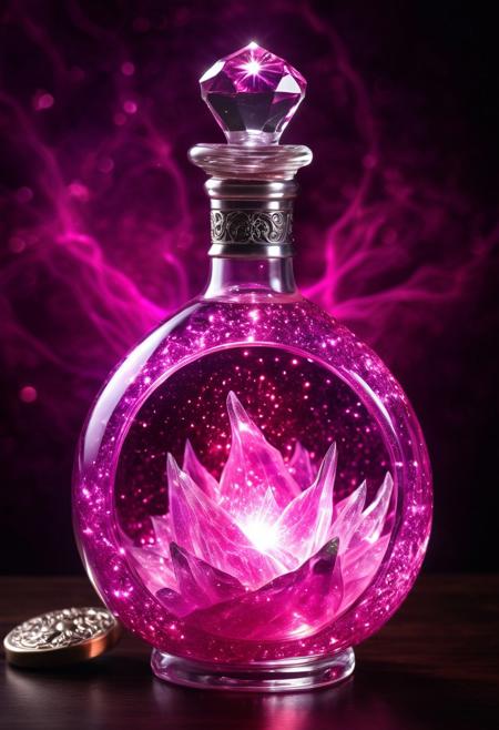 Score_9, Score_8, high_def, highest quality, 4k, best quality, masterpiece, focused, defined, Photorealistic magic potion, intricate glass bottle, elixir, vibrant pink and silver colors, ethereal light, wax seal, flashy lights, magic lights, luminous, dynamic reflections, magical aura, highly detailed, fantasy essence, glowing particles, radiant aura, made of sparkling amethyst crystals