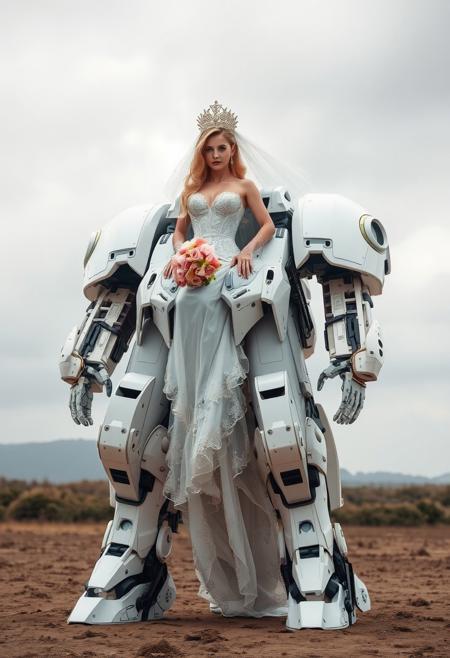 Sexy Mecha Bride, a giant piloted mech-suit in the form of a Bride, with a bride inside, piloting the mecha...