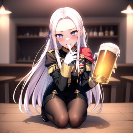 1girl, highres, masterpiece, full body, solo, anime, absurdres, detailed face, perfect eyes, edelgard von hresvelg, garreg mach monastery uniform, pub, drunk, beer mug,  beer, blush