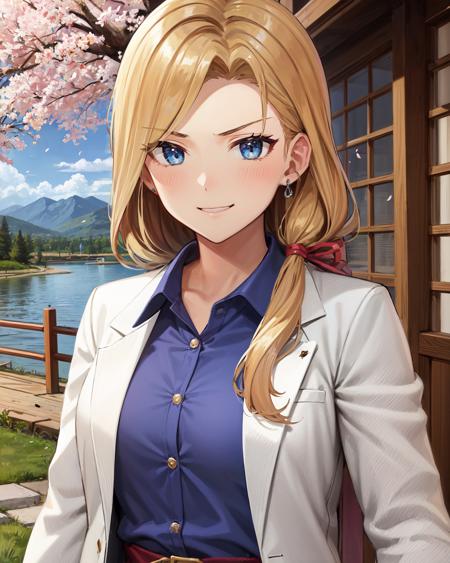 best quality, (masterpiece:1.2), illustration, absurdres,
(1girl), (solo), (beautiful detailed girl), (upper body, portrait),,
<lora:Erika-06:0.9>, Erika Russell, blonde hair, long hair, hair over shoulder, red ribbon in hair, medium breasts,
white labcoat, blue shirt, long black skirt, pantyhose, red high heels,
proud, (angry:0.8), smug, smile,
particles, enchanting, magical, magic, distant mountains, cherry trees, cherry blossom, petals, japanese architecture, river,