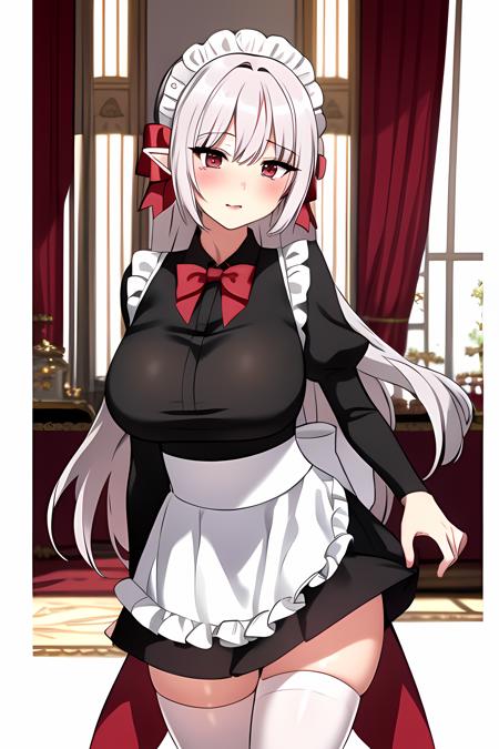 ((masterpiece, best quality)),1girl,standing,solo,indoors,blush,elf, blush,((large breasts)), long_hair, dress,maid, maid_apron, maid_headdress, pointy_ears, red_bow, red_bowtie, puffy_sleeves,red_eyes,(white_legwear),shiny_skin,,,,,, ,extremely detailed CG unity 8k wallpaper, perfect lighting,Colorful, Bright_Front_face_Lighting,White skin, (masterpiece:1.0),(best_quality:1.0), ultra high res,4K,ultra-detailed, photography, 8K, HDR, highres, absurdres:1.2, Kodak portra 400, film grain, blurry background, bokeh:1.2, lens flare, vibrant_color,professional photograph,bow breasts,(Beautiful large_Breasts), (beautiful_face:1),(narrow_waist),Beautiful Finger,Beautiful long legs,Beautiful body,Beautiful Nose,Beautiful character design, perfect face,perfect balance,(2d)