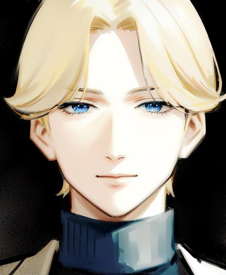 <lora:johan-v1-000009:0.8>, portrait, blonde hair, blue eyes, short hair, black turtleneck