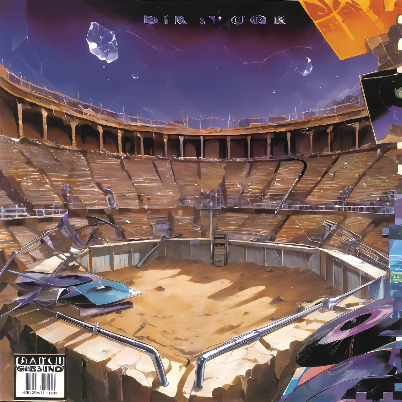 vinyl album, vinyl, record jacket, vinyl cover, vinyl cover from 1990s,  album cover art, top-rated, top - rated, 90s, album art, 

 mostly purple ,

 abstract ,

 instruments ,

 view ,


gladiator arena, roaring crowd, dusty ground, shattered weapons, 