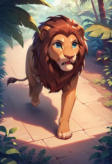 score_9, score_8_up, score_7_up, (feral lion:1.5), character focus:1.1, high angle, dramatic scene, (( paradise, 1.3)), ((perfect anatomy, anatomicaly correct)), running in jungle